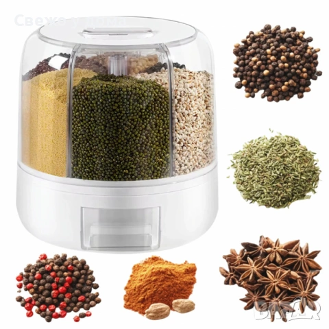 НОВ Диспенсър за зърнени храни, 6 отделения\7.5л., въртяща основа, Бял, снимка 5 - Други - 53465865