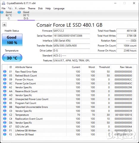 SSD диск Corsair Force LE 480 GB, снимка 3 - Твърди дискове - 38755170
