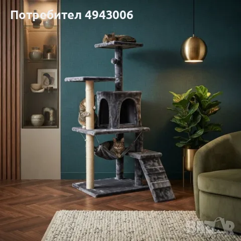 Котешка драскалка с къщичка, хамак и рампа, 125 см, тъмносива, снимка 4 - За котки - 56040105