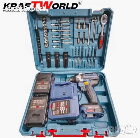 KraftWorld Акумулаторен Ударен Гайковерт 24V 4Ah – 850Nm + Куфар и 35 Части!, снимка 6 - Винтоверти - 50482456