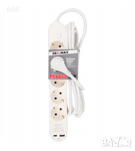 Pro-max удължителен кабел 5 щепсела + 2 USB A + C разклонител бял, снимка 2 - Друга електроника - 55786088