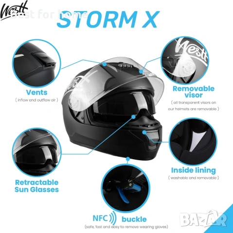 Мотоциклетна каска Westt Storm X - каска за цялото лице за мотоциклет (РАЗМЕР L), снимка 4 - Аксесоари и консумативи - 53540048