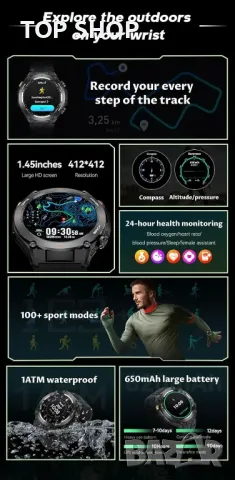 Смарт часовник ACTIVPRO GPS, HD сензорен екран, 1,45" кръгъл, водоустойчив, IOS Android, снимка 6 - Смарт часовници - 49551933