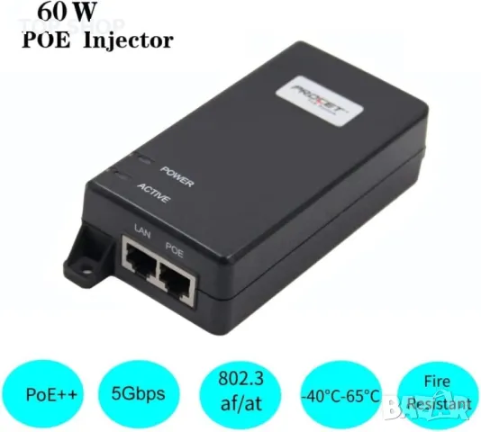Procet 60W 5Gbps, активен PoE-Injector-Midspan 60W 55V,802.11ax,WiFi 6, снимка 2 - Кабели и адаптери - 49866441