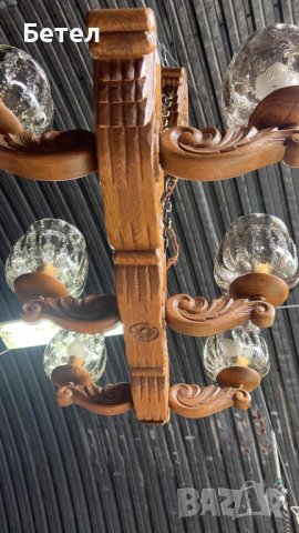Уникален ръчна дърворезба масивен дъбов полилей с 6 глобуса,Германия, снимка 2 - Полилеи - 41187963