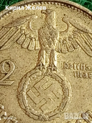 Сребърна монета 2 райхсмарки 1939г. Германия Трети Райх с Свастика за КОЛЕКЦИОНЕРИ 34839, снимка 3 - Нумизматика и бонистика - 53615578