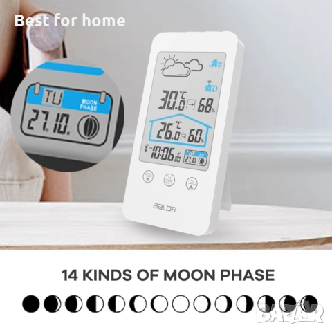 Метеорологична станция за вътрешна и външна употреба, прогноза за времето, функция за фаза на луната, снимка 6 - Друга електроника - 52178468