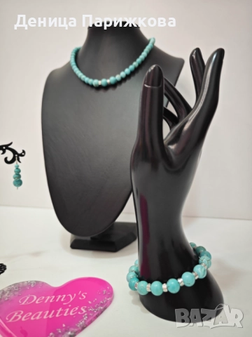 Ръчно изработен комплект бижута с тюркоаз – гривна, колие и обеци, снимка 3 - Бижутерийни комплекти - 52775507