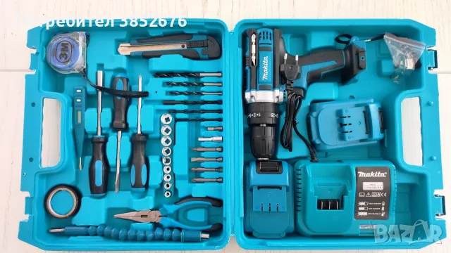 НОВ Акумулаторен винтоверт Makita с голям комплект инструменти и 2 батерии