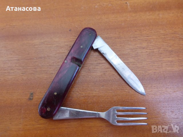 Джобно ножче 2 инструмента с виличка червено с калъф, снимка 3 - Антикварни и старинни предмети - 44439022