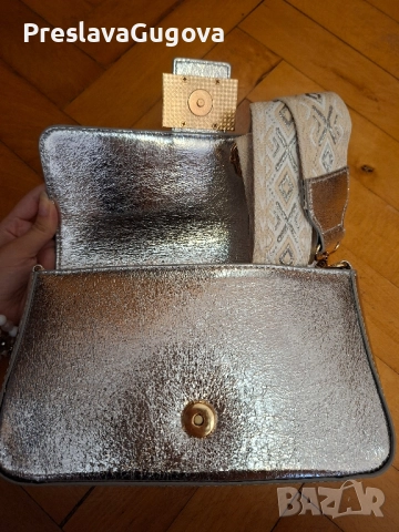 Уникална сребърна спортно-елегантна чанта с текстилна дръжка, снимка 4 - Чанти - 51627108