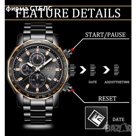 Мъжки часовник Lige, Хронограф, Водоустойчив, Неръждаема стомана, Черен / Златист , снимка 9 - Мъжки - 41686361