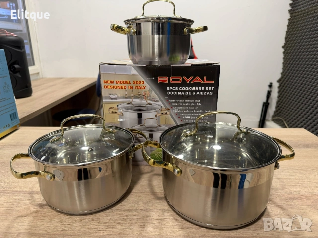 Луксозен комплект тенджери с неръждаема стомана и златисти дръжки – перфектният избор за всяка кухня