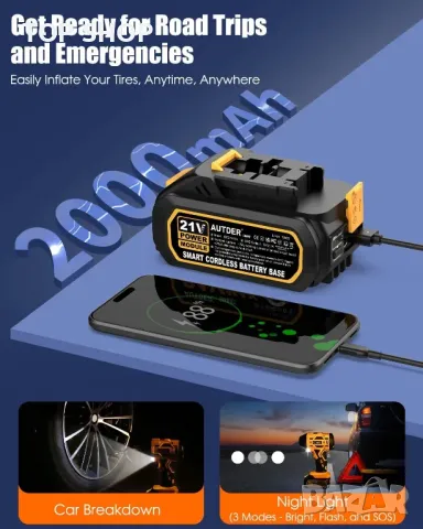 AUTDER Безжична помпа за гуми, преносим въздушен компресор 21V батерия и 12V DC, 180 PSI, снимка 7 - Аксесоари и консумативи - 49938057