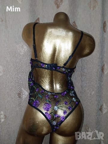 80 В  Черно ефирно боди с лилава бродерия , снимка 4 - Бельо - 42444357