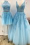 Дантелена бална рокля с 3 Д цветя в синьо, снимка 1 - Рокли - 41227583