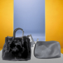 Плюшена дамска стилна чанта в комплект с несесер, снимка 2