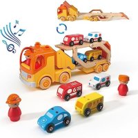 Нова играчка Транспортен Камион с 4 Дървени Коли: Светлини, Звуци, 2-5год., снимка 1 - Кукли - 42740817