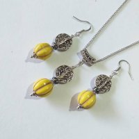 Слънчев комплект бижута с жълти Тюркоази и орнаменти в цвят Сребро стил Антик, снимка 3 - Бижутерийни комплекти - 41124052