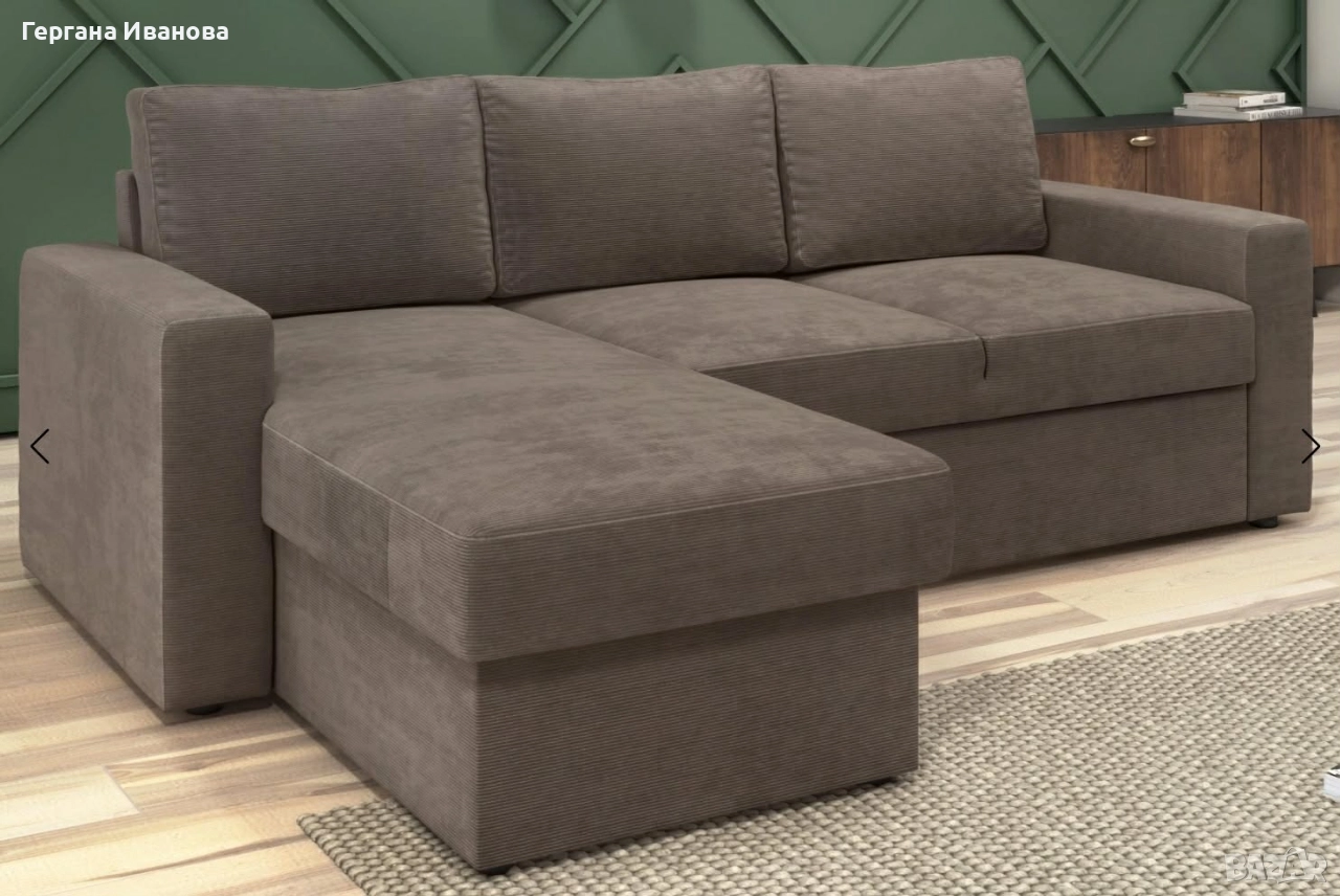 Разтегателен ъглов диван с лежанка, тъмно кафяв, снимка 1