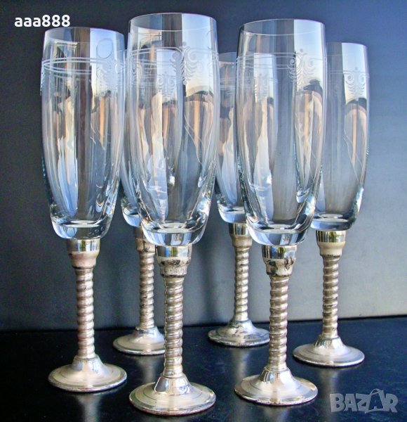Сервиз чаши за шампанско кристал сребро Бохемия, снимка 1