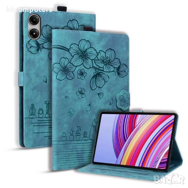 Кожен калъф за Xiaomi Redmi Pad 2 Pro - Дизайн Цвете & Коте, Стойка, Кардхолдер, Джоб за писалка, Пр, снимка 1