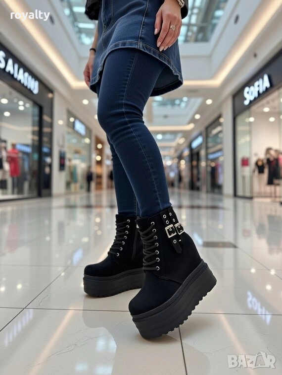 Боти на платформа - черен велур, снимка 1