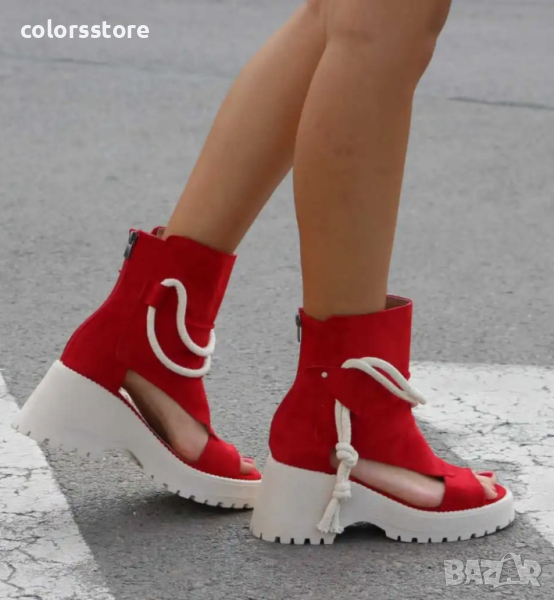 Летни боти на платформа - червен велур - LB44, снимка 1