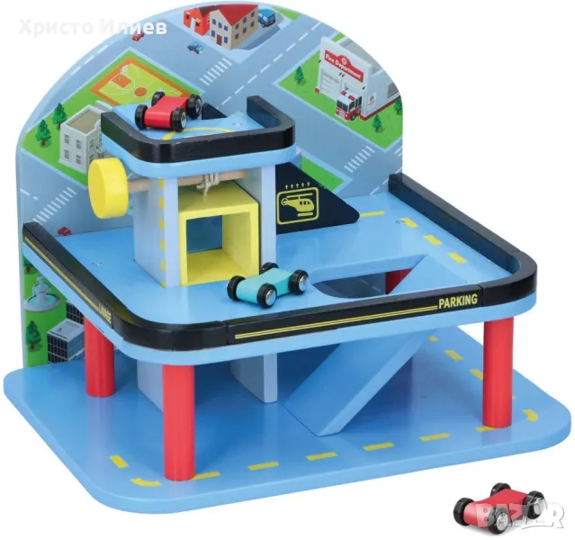 Гараж с 2 колички и асансьор Дървена играчка Marionette , снимка 1