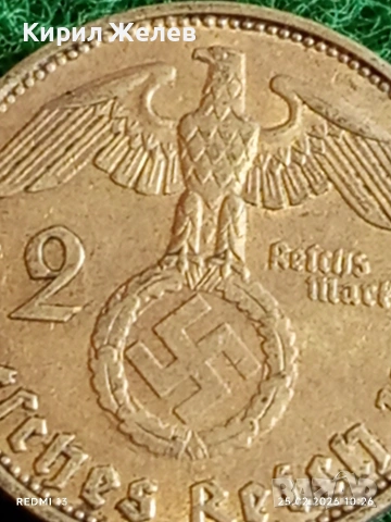 Сребърна монета 2 райхсмарки 1939г. Германия Трети Райх с Свастика за КОЛЕКЦИЯ 52615, снимка 3 - Нумизматика и бонистика - 53615031