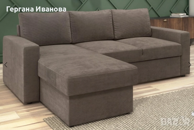 Разтегателен ъглов диван с лежанка, тъмно кафяв