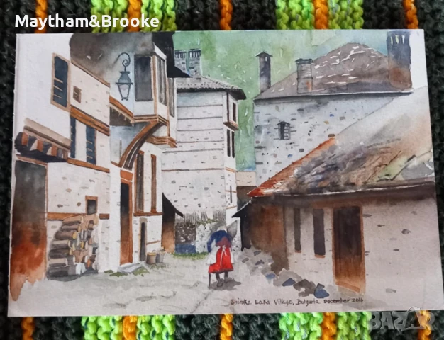 село Широка Лъка. Акварел от Роналд Артур Брук, снимка 3 - Картини - 51421635