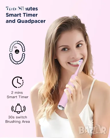 Звукова електрическа четка за зъби, 4 резервни глави, 3 нива и 5 режима, розова, снимка 6 - Други - 48719016