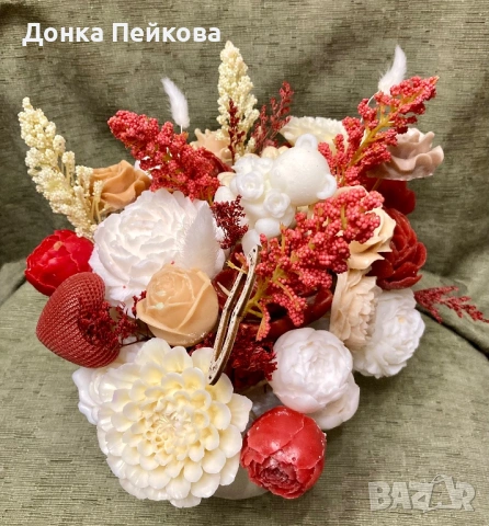 Луксозен букет от соеви  свещи в тюркоаз и бяло – ръчна изработка, снимка 2 - Изкуствени цветя - 53529671