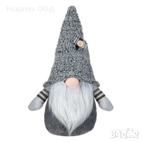 Коледна фигура, Гном  с копче на шапката, 30 см, Сив