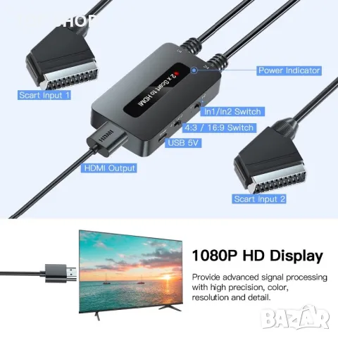 Два порта Scart към HDMI конвертор с изходно съотношение 4:3/16:9,два порта Scart In-HDMI out,HDTV, снимка 5 - Стойки, 3D очила, аксесоари - 49308520