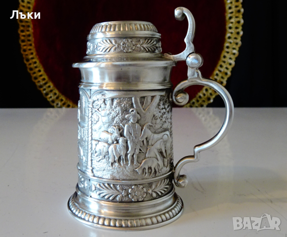 Халба от калай с три селски картини. , снимка 4 - Антикварни и старинни предмети - 44620538