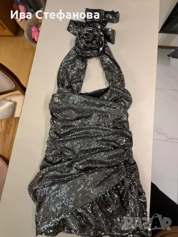 Нова 5 Д роза  парти коктейлна официална къса блестяща сиви бляскави елементи , снимка 3 - Рокли - 52774610