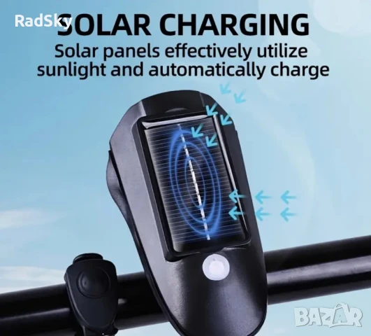 Фар за колело с клаксон, зарежда се от слънцето, свети силно, свири още по-силно и плаши котките, снимка 6 - Велосипеди - 51089502