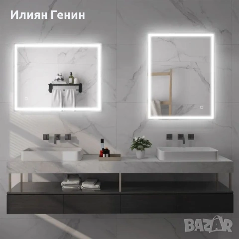 HOMCOM Огледало за баня с осветление 90x70 см LED, снимка 7 - Огледала - 53776130