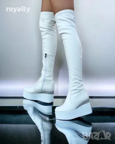 Ботуши на платформа - бяла кожа и брокат