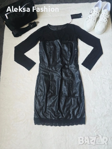 Дамска кожена рокля с ръкави от тюл, снимка 7 - Рокли - 47560475