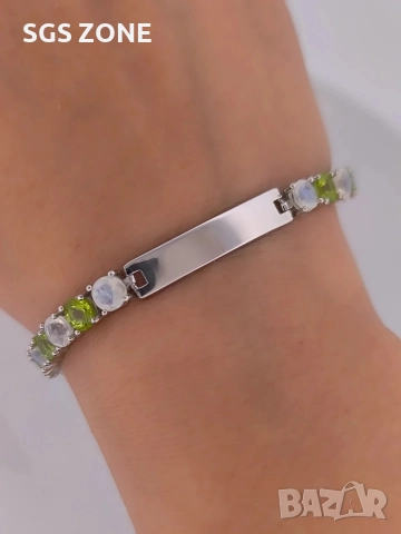 Сребърна гривна с родийно покритие, перидот и лунен камък, снимка 10 - Гривни - 52566116