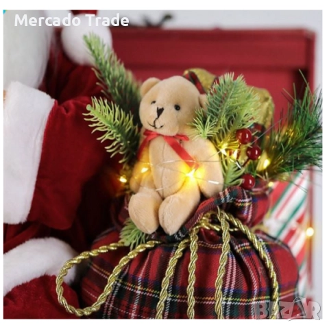 Коледна реалистична фигура на Дядо Коледа в сандък с подаръци, Звук и LED светлини, снимка 3 - Декорация за дома - 52324948