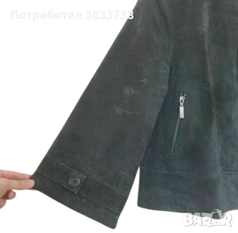 Ashley B Bernardo Късо Яке от Естествена Кожа Велур Маслено Зелено Широк Ръкав Размер М, снимка 4 - Якета - 36177251