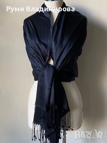 Черен шал от кашмир, снимка 5 - Шалове - 52809773