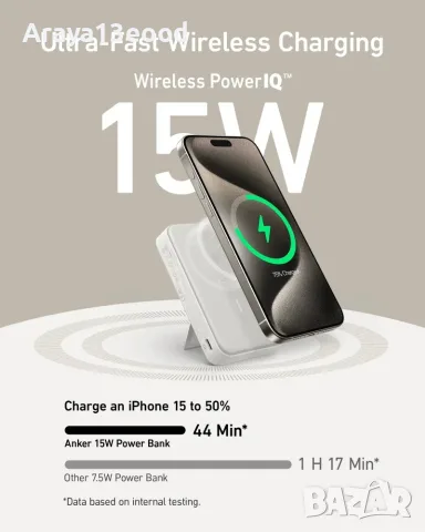 Anker MagGo Power Bank за iPhone 10 000 mAh Qi2 – 15W, MagSafe, стойка, бял, снимка 3 - Аксесоари за Apple - 55949082