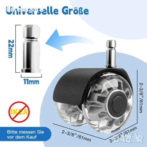 Комплект от 5 колелца за офис столове, гладко търкалящи се, твърд под – 11x22 мм НОВИ, снимка 4 - Столове - 53458847