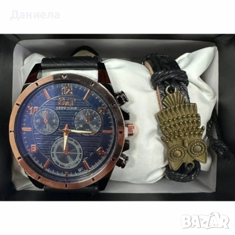 Мъжки часовник S&T Seek Time с кожена гривна – подаръчен комплект, снимка 2 - Мъжки - 51938359