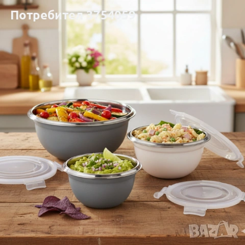Комплект GOURMETmaxx купи от неръждаема стомана с капаци – 3 в 1 за съхранение и свежест, снимка 4 - Кутии за храна - 53209054